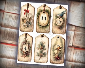 12 papers | Vintage Christmas Labels with Old English Numbers | Scrapbooking, Invitations, Journaling | Printable Pages, Shabby Chic