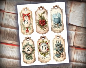 12 papers | Vintage Christmas Labels with Old English Numbers | Scrapbooking, Invitations, Journaling | Printable Pages, Shabby Chic