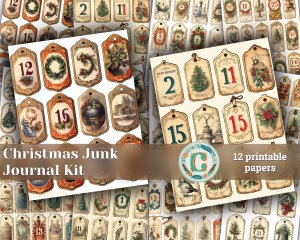 12 papers | Vintage Christmas Labels with Old English Numbers | Scrapbooking, Invitations, Journaling | Printable Pages, Shabby Chic