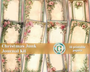 16 papers | Vintage Christmas Pink Watercolor Printable Pages, Pastel Green and Pink Junk Journal Kit, Shabby Chic Scrapbooking Papers