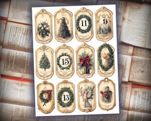 16 papers | Vintage Christmas Labels 1-31 in Old English Font | Scrapbooking, Invitations, Digital Planners | Junk Journal Kit