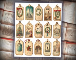 16 papers | Vintage Christmas Labels 1-31 in Old English Font | Scrapbooking, Invitations, Digital Planners | Junk Journal Kit