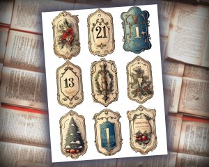 16 papers | Vintage Christmas Labels 1-31 in Old English Font | Scrapbooking, Invitations, Digital Planners | Junk Journal Kit