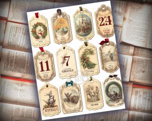 16 papers | Vintage Christmas Labels 1-31 in Old English Font | Scrapbooking, Invitations, Digital Planners | Junk Journal Kit