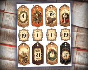 16 papers | Vintage Christmas Labels 1-31 in Old English Font | Scrapbooking, Invitations, Digital Planners | Junk Journal Kit