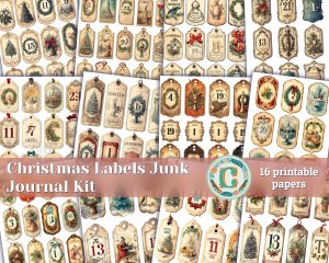 16 papers | Vintage Christmas Labels 1-31 in Old English Font | Scrapbooking, Invitations, Digital Planners | Junk Journal Kit