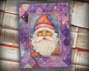 16 papers | Christmas Santa Violet Gold Scrap Patchwork, ATC Card Watercolor Style, Shabby Chic Ephemera, Junk Journal Kit, Printable Pages