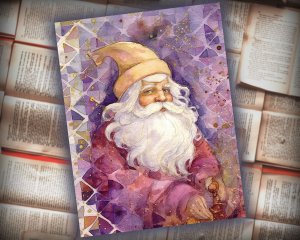 16 papers | Christmas Santa Violet Gold Scrap Patchwork, ATC Card Watercolor Style, Shabby Chic Ephemera, Junk Journal Kit, Printable Pages