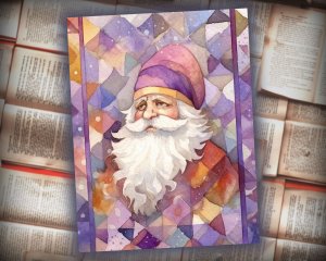 16 papers | Christmas Santa Violet Gold Scrap Patchwork, ATC Card Watercolor Style, Shabby Chic Ephemera, Junk Journal Kit, Printable Pages