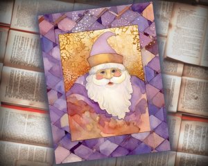 16 papers | Christmas Santa Violet Gold Scrap Patchwork, ATC Card Watercolor Style, Shabby Chic Ephemera, Junk Journal Kit, Printable Pages