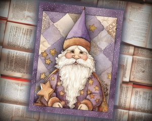 16 papers | Christmas Santa Violet Gold Scrap Patchwork, ATC Card Watercolor Style, Shabby Chic Ephemera, Junk Journal Kit, Printable Pages