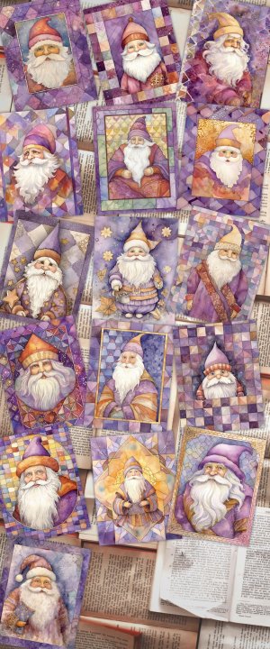 16 papers | Christmas Santa Violet Gold Scrap Patchwork, ATC Card Watercolor Style, Shabby Chic Ephemera, Junk Journal Kit, Printable Pages