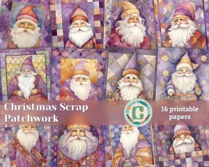 16 papers | Christmas Santa Violet Gold Scrap Patchwork, ATC Card Watercolor Style, Shabby Chic Ephemera, Junk Journal Kit, Printable Pages