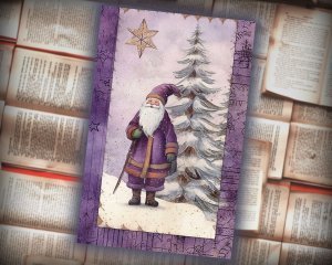 19 papers | Christmas Santa & Tree Scrapbook Kit, Shabby Chic Watercolor Printable Pages, Junk Journaling Kit in Muted Violet Grey Tones