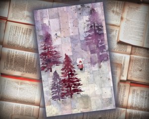 19 papers | Christmas Santa & Tree Scrapbook Kit, Shabby Chic Watercolor Printable Pages, Junk Journaling Kit in Muted Violet Grey Tones