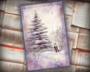 19 papers | Christmas Santa & Tree Scrapbook Kit, Shabby Chic Watercolor Printable Pages, Junk Journaling Kit in Muted Violet Grey Tones