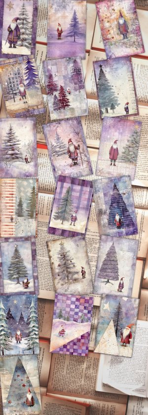 19 papers | Christmas Santa & Tree Scrapbook Kit, Shabby Chic Watercolor Printable Pages, Junk Journaling Kit in Muted Violet Grey Tones