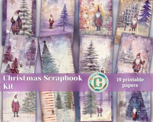 19 papers | Christmas Santa & Tree Scrapbook Kit, Shabby Chic Watercolor Printable Pages, Junk Journaling Kit in Muted Violet Grey Tones