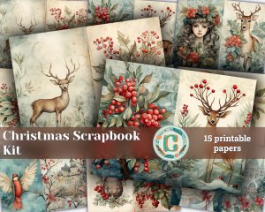 Scrapbooking Christmas Junk Journal Kit, Christmas Collage Printable, Digital Christmas Kit, Christmas paper, Printable paper background