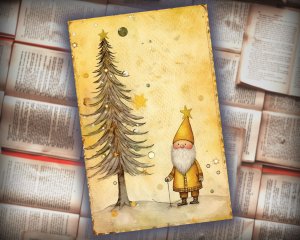 20 Papers | Christmas Santa & Tree Scrapbooking Kit, Yellow and Grey Watercolor Style Junk Journal Pages, Printable Shabby Chic Papers