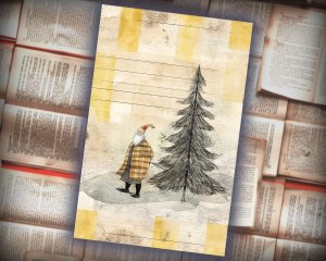 20 Papers | Christmas Santa & Tree Scrapbooking Kit, Yellow and Grey Watercolor Style Junk Journal Pages, Printable Shabby Chic Papers