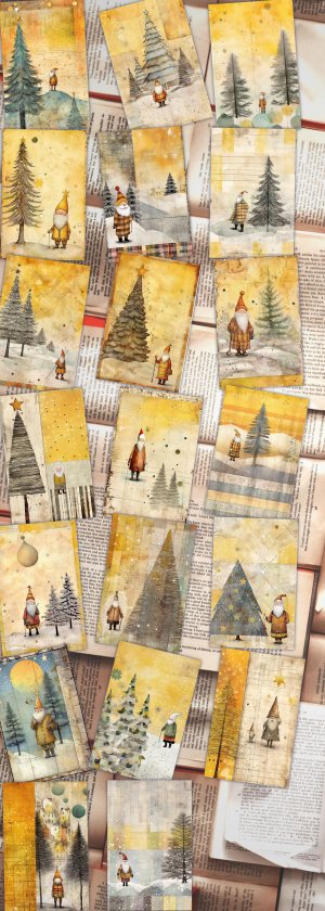 20 Papers | Christmas Santa & Tree Scrapbooking Kit, Yellow and Grey Watercolor Style Junk Journal Pages, Printable Shabby Chic Papers