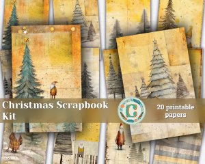 20 Papers | Christmas Santa & Tree Scrapbooking Kit, Yellow and Grey Watercolor Style Junk Journal Pages, Printable Shabby Chic Papers