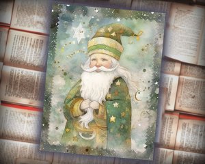 16 papers | Christmas Santa Scrapbooking Paper Kit, Green Grey Gold Patchwork Art, Watercolor Style, Junk Journal Printable Pages