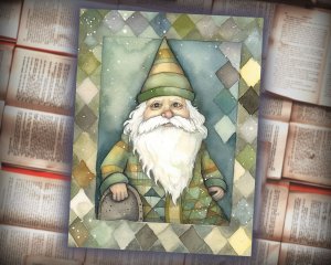 16 papers | Christmas Santa Scrapbooking Paper Kit, Green Grey Gold Patchwork Art, Watercolor Style, Junk Journal Printable Pages