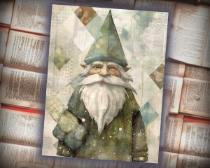 16 papers | Christmas Santa Scrapbooking Paper Kit, Green Grey Gold Patchwork Art, Watercolor Style, Junk Journal Printable Pages