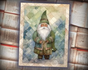 16 papers | Christmas Santa Scrapbooking Paper Kit, Green Grey Gold Patchwork Art, Watercolor Style, Junk Journal Printable Pages