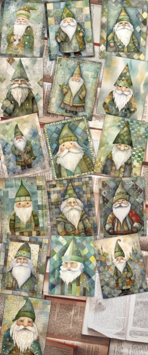 16 papers | Christmas Santa Scrapbooking Paper Kit, Green Grey Gold Patchwork Art, Watercolor Style, Junk Journal Printable Pages