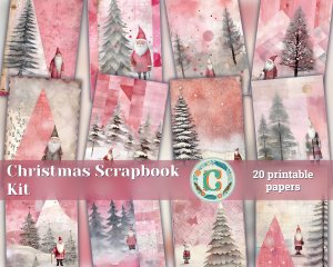 20 Papers | Christmas Santa and Tree Scrapbooking Kit, Shabby Chic Junk Journal Printable Pages, Watercolor Style Digital Background