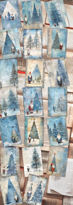 20 papers | Christmas Santa and Tree Blue Grey Scrapbook Paper Set, Watercolor Style, Digital Junk Journal Background, Shabby Chic Ephemera