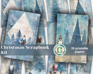 20 papers | Christmas Santa and Tree Blue Grey Scrapbook Paper Set, Watercolor Style, Digital Junk Journal Background, Shabby Chic Ephemera