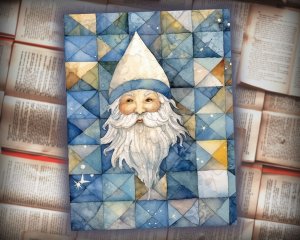 21 papers | Christmas Santa Blue and Gold Scrap Patchwork Art | Watercolor Style Illustration | Full Background | Junk Journal Kit