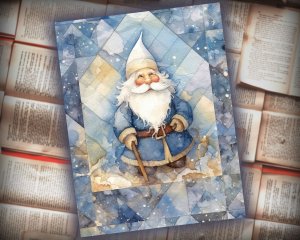 21 papers | Christmas Santa Blue and Gold Scrap Patchwork Art | Watercolor Style Illustration | Full Background | Junk Journal Kit