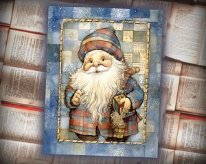 21 papers | Christmas Santa Blue and Gold Scrap Patchwork Art | Watercolor Style Illustration | Full Background | Junk Journal Kit