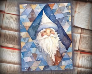 21 papers | Christmas Santa Blue and Gold Scrap Patchwork Art | Watercolor Style Illustration | Full Background | Junk Journal Kit