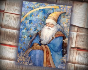 21 papers | Christmas Santa Blue and Gold Scrap Patchwork Art | Watercolor Style Illustration | Full Background | Junk Journal Kit