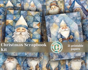 21 papers | Christmas Santa Blue and Gold Scrap Patchwork Art | Watercolor Style Illustration | Full Background | Junk Journal Kit