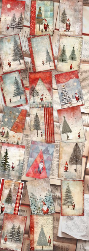 20 Papers | Christmas Santa and Tree Scrapbooking Kit, Watercolor Style Printable Papers for Junk Journal, Shabby Chic Ephemera