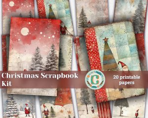 20 Papers | Christmas Santa and Tree Scrapbooking Kit, Watercolor Style Printable Papers for Junk Journal, Shabby Chic Ephemera