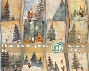 20 Papers | Christmas Santa & Tree Scrapbooking Kit, Gold Grey Shabby Chic Printable Papers, Watercolor Style Junk Journal Pages