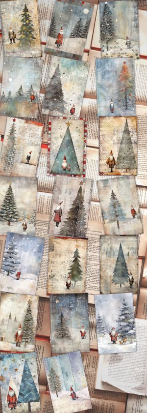 20 Papers | Christmas Santa Journal Page Scrapbooking Kit, Silver & Grey Watercolor Style, Printable Shabby Chic Ephemera, ATC Card Art