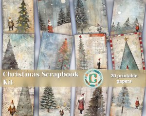 20 Papers | Christmas Santa Journal Page Scrapbooking Kit, Silver & Grey Watercolor Style, Printable Shabby Chic Ephemera, ATC Card Art