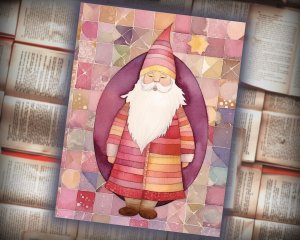 16 papers | Christmas Santa Pink Gold Scrap Patchwork Art, Watercolor Style Illustration, Shabby Chic Ephemera, Junk Journal Kit