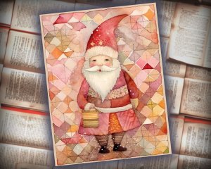 16 papers | Christmas Santa Pink Gold Scrap Patchwork Art, Watercolor Style Illustration, Shabby Chic Ephemera, Junk Journal Kit