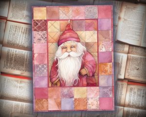 16 papers | Christmas Santa Pink Gold Scrap Patchwork Art, Watercolor Style Illustration, Shabby Chic Ephemera, Junk Journal Kit