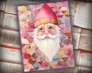 16 papers | Christmas Santa Pink Gold Scrap Patchwork Art, Watercolor Style Illustration, Shabby Chic Ephemera, Junk Journal Kit